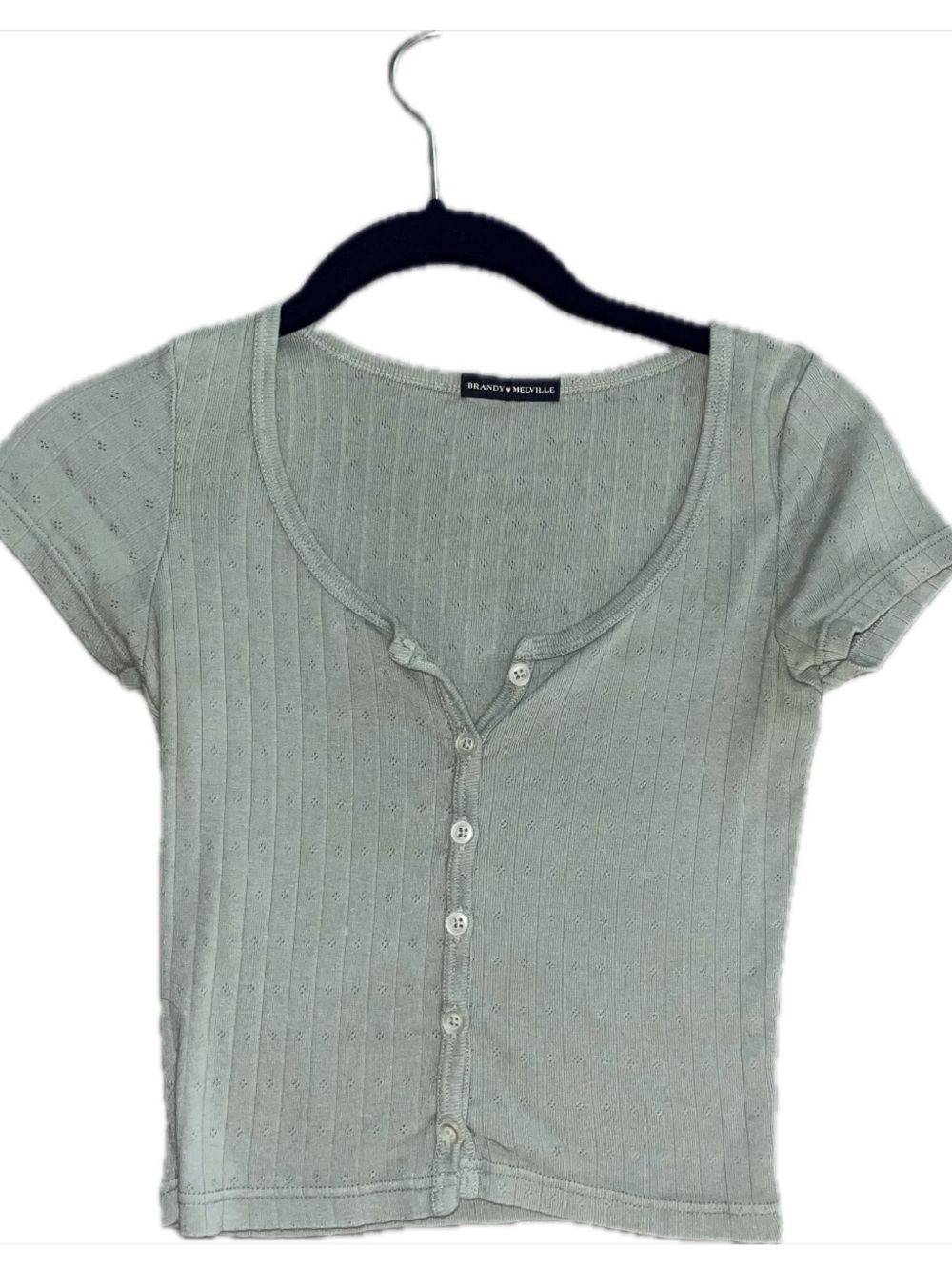 Brandy Melville Sage Green Short Sleeve Ribbed Button Top